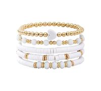 5Pcs Heishi Beaded Stretch Bracelets Bohemian Stackable Bracelet Heart Clay Gold Beaded Bracelet for Women Multi-Layer Friendship Summer Beach Jewelry, M, Zinc, no gemstone