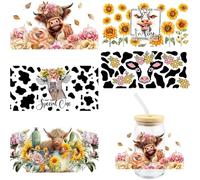5pcs Highland Cow Rub on Transfers Stickers,Rub On Transfers for Crafts,Sunflowers Home Decals Flower Animals Cup Transfer Decals for Furniture Vase Glass Art Crafts Decorations