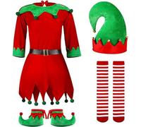 5PCS Holiday Elf Costume Funny Jester Cosplay Outfit with Elf Hat, Long Striped Socks, Bell Shoes, Santa's Little Helper Costume Set Comfortable Festive Fancy Dress for Boys & Girls Red