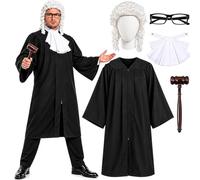 5PCS Judge Costume Accessory Adult Black Robe Outfit Halloween Cosplay | Judge Robe, False Collar, Curly Wig, Wooden Gavel, Framed Glasses, Front Zipper, Adjustable Straps, Flexible Fit, Law Party