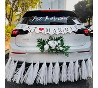5PCS Just Married Car Decorations Kit - White Artificial Flowers & Just Married Banner for Wedding, Rear Just-Married Sticker Décor, Romantic Honeymoon Vehicle Accessories