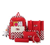 5Pcs Kawaii Cute Backpacks Combo Set with Duck Pendant Back To School Supplies Anime Canvas Plaid Schoolbag Daypack Bag Kit, Red, L