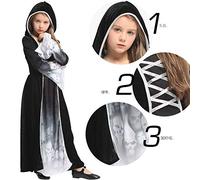 5pcs Kids Halloween Costumes about Death - Medieval Tudor Dress with Hooded for Girls, Medieval Costume Girls includes Scepter, Necklace, Lace Eye Mask (Random Style), Tattoo Stickers - L