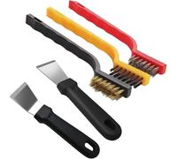 5Pcs Kitchen Stove Cleaning Brush + Scraper Tool Set, Heavy Duty Scraper for Gas Burners Cooktop Pot Pan Brass, Stainless Steel and Nylon Brush Head Brushes for Range Hood Grease Grime Cleaning Tools