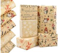 5pcs Kraft Christmas Wrapping Paper Sheets, QRTDXP 50 * 70cm Recyclable Brown Wrapping Paper with Various Design for Xmas Gift Wrap and Christmas Party Decoration