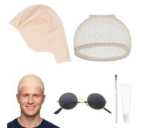 5PCS Latex Bald Cap for Adults, Wig Cap with Stretch Mesh & Sunglasses,Cosplay Accessory for Costume Party, Halloween Makeup, Fancy Dress, Theatre, Unisex Celebrity Look