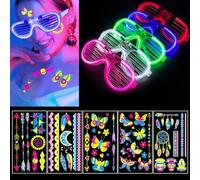 5PCS Light Up Glasses and 5PCS Neon Temporary Tattoos,Shutter Shades LED and Multiple Designs of Tattoo Stickers for Rave Party Decorations.