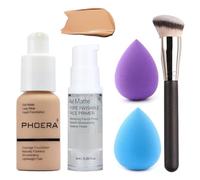 5PCS Liquid Foundation Set Matte Liquid Full Coverage Foundation with Face Primer Foundation Brush Makeup Sponge Makeup Set (#104)