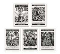 5pcs Literary Elements Posters for English Classroom, Black White Famous Books Literature Elements Library Homeschool Prints, Character Themed Study Educational Canvas Wall Art 8x12in Unframed