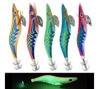 5pcs Luminous Squid Jig Lures, Saltwater Glow Hooks, UV Shrimp Baits, Fluorescent Prawn Lure Sleeve for Octopus Cuttlefish Sea Fishing Kit - Size: 2.5