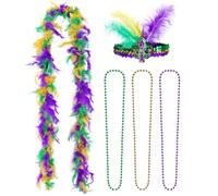 5PCS Mardi Gras Costume Accessory Set Faux Feather Headband Mardi Gras Beads Feather Boa Set Masquerade Party Favor Accessories Purple, Purple, Free