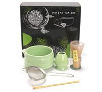 5PCS Matcha Tea Whisk Set, Stirring Matcha Kits, Handmade from 100% Natural Bamboo Matcha Whisk, Ceramic Matcha Bowl with Spout, Ceramic Whisk Holder, Scoop,Stainless Steel Sifter (Green)