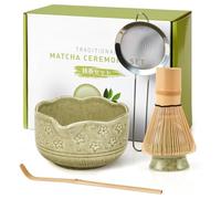 5Pcs Matcha Whisk Set, 18OZ Bowl With Spout, Japanese Ceremony Matcha Whisks Kit, 100% Natural Bamboo Whisk, Ceramic Whisk Holder (Green), Stainless Sifter, Tea Scoop, Gift for Matcha Lovers Beginner