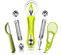 5Pcs Melon Baller Scoop Set, 4 in 1 Stainless Steel Fruit Scooper Seed Remover Cutter, Double Sided Melon Baller Spoon, Avocado Cutter, Watermelon Fruit Tools for Dig Pulp Separator Fruit Slicer