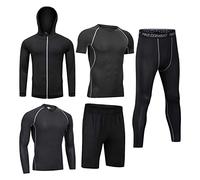 5pcs Men's Activewear Training Suit Running Shirt Sweat Suit Sportswear Sweat Suit Compression Pants Fitness Gym Set, black, S