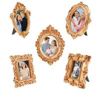 5Pcs Mini Gold Frame Set, Oval Rectangle Vintage Small Resin Photo Frame Ornament for Wall Desktop Decorative Photo Props