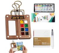 5Pcs Mini Watercolour Paint Set Travel, 8 Grids Wood Pocket Watercolour Set, Foldable Tobios Watercolour Kit for Painters、Artists and Student (Sketchbook, Palette, Metal Clip, Pen, Paints)