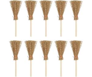5Pcs Miniature Brooms with Straw Broomsticks - 1:12 Scale Dollhouse Accessories for Halloween Party Decor, Handmade Style Witch Broomstick Cosplay Props and Mini Furniture Display