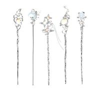 5pcs Moon Stone Hair Stick Silver Alloy Star Hair Pin for Weddings | Chinese Hanfu Style, Moon Shaped Accents, Decorative Shimmer, Comfortable Wear for Teen