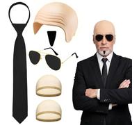 5Pcs Music Icon Bald Cap Costume Set, Famous Rapper Fancy Dress Accessories | Nude Latex Bald Cap Fake Beard Black Sunglasses & Tie for Men Cosplay Party Halloween Dress Up