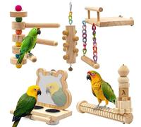 5pcs Natural Wood Bird Perch Stand Platform with Mirror and Feeding Cup Hanging Parrot Chew Cork Toy Bird Cage Accessories for Small Budgie Cockatiel Conure Lovebirds