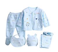 5PCS Newborn Babys Pyjamas Set Boys Girls Cartoon Long Sleeve Tops+Hat+Pants +Bib Outfit Set Infant Kids Nightwear Clothes Cotton P S Sets Little Loung Wear Soft Set for 0-3 Months (Blue, One Size)