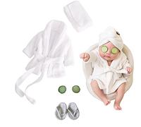 5PCS Newborn Photography Outfits, Baby Bathrobes Bath Towel Outfit with Slippers Photo Props for Girls and Boys, White, 0-6 Months