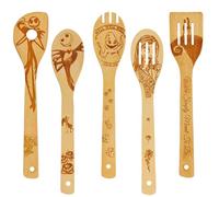 5Pcs Nightmare Carved Bamboo Spoons Spatulas Set, Engraved Wooden Cooking Spoon Utensils Non-stick Cookware Gadget Jack and Sally Kitchen Decor for Friend Family Wedding Housewarming Birthday Gift