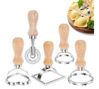 5Pcs Pasta Maker Set Metal Ravioli Cutters with Roller Wheel Round/Square/Heart Shape Ravioli Stamp Maker with Wooden Handle for Making Dumpling Pasta Cookie