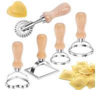 5Pcs Pasta Maker Set, Ravioli Stamp Maker Cutter with Roller Wheel Set, Round/Square/Heart Shape Ravioli Stamp Mold with Wooden Handle and Fluted Edge for Making Dumpling, Pasta, Cookie,Pierogi