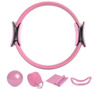 5pcs Pilates Ring Set - Premium 14” Resistance Rings with Dual Padded Handles - Includes 10” Pilates Ball & 59” Highly Elastic Resistance Bands & 9”x5” Pilates Ring & 72” Pilates Aid Belt (pink)