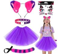 5Pcs Pink and Purple Striped Cat Costume for Girls, Animal Dress Up Set with Tutu Skirt Ears Headband Tail Choker Face Stickers for Halloween Carnival Cosplay Party