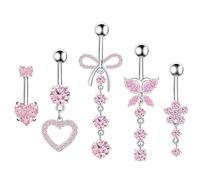 5PCS Pink Belly Button Bars Heart Shaped Belly Button Bar Butterfly Belly Bar Pink Belly Bar Belly Button Piercing Accessory Piercing Jewellery Pendant
