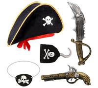 5Pcs Pirate Costume Accessories Captain Hat Pirate Outfit Set for Women Men Cosplay Halloween Party Favor Supplies Jack Sparrow Sword Eye Mask Patch Hook for Adult