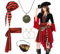 5Pcs Pirate Costume Accessories, Medieval Bandana Kit Renaissance Captain Role Play Set with Striped Headscarf Sash Golden Necklace Bracelet Eye-patch Earring for Women Men Halloween Party Carnival