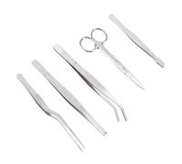 5pcs Plant Tweezers and Scissors, Long Stainless Steel Garden Bend Tongs Set with Straight Curved Flat Point Tip Multiple-Use Gardening Tools for Bonsai Reptile Feeding Kitchen Use