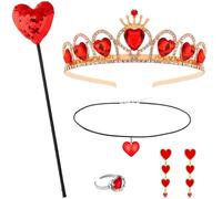 5Pcs Queen of Hearts Costume Accessories Jewellery Set Red Crown, Scepter, Necklace, Earrings & Ring Halloween Queen Accessories Kit for Women Teens, Cosplay Dress Up Costume Parties Photo Shoots