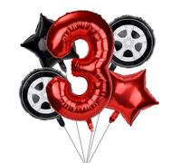 5pcs Race Car Birthday Balloons, Birthday Racing Checkered Decorations Set with 37.8in Racetrack Number Balloon, Tire and Star Foil Balloons Red Black Race Car Theme Party Supplies for Kids Boys (3)