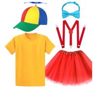 5Pcs Rainbow Propeller Hat Set for Women, Cartoon Character Fancy Dress Kit with Yellow Shirt Tutu Skirt Suspenders Spinner Hat Bow Tie for World Book Day Carnival Party