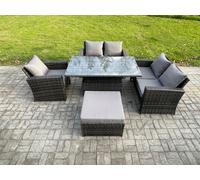 Fimous 5pcs Rattan Outdoor Garden Furniture Set Height Adjustable Rising Lifting Table Sofa Dining Set with Big Footstool Dark Grey Mixed