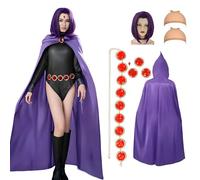 5PCS Raven Titans Costume Women, Purple Cloak Witches Cape with Red Gem Belt Wig, Anime Cosplay Halloween Carnival Costume (63 inch)