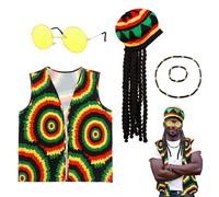 5Pcs Reggae Costume Accessories, Jamaican Rasta Fancy Dress Set with Caribbean Vest Yellow Sunglasses Braided Dreadlocks Wig Hat Cap Bracelet for Women Men Party Masquerade Cosplay Halloween Carnival