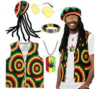 5Pcs Reggae Fancy Dress Set, Rasta Hat with Dreadlocks for Carnival Party