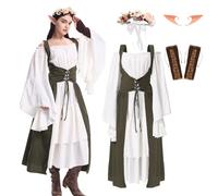 5PCS Renaissance Fairy Costume Women Medieval Elf Dress Green Victorian Princess Dress Ren Faire Outfit for Halloween (X-Large)