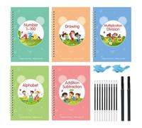5Pcs Reusable Grooved Handwriting Practice Books, Large Magic Grooved Handwriting Practice, Number Letter Tracing Workbooks, Magic Practice Copybook with Disappearing Ink Pens Pencil Grips