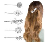 5PCS Rhinestone Hair Clips, Sparkly Silver Crystal Wedding Barrettes for Women, Elegant Bridesmaid Party Accessories, Glamorous Metallic Hair Clips for Girls and Special Occasions (C)
