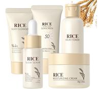 5PCS Rice Skin Care Sets, Korean Glass Skin Kit, Skincare Gifts for Teenage Girls, Pamper Gifts for Women, Rice Milky Toner, Cleanser, Sunscreen SPF 50+, Glow Serum, Face Cream, Hydrating, Even Tone