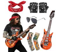 5PCS Rock Star Costume Set, Rock Star Fancy Dress Punk Accessories with Inflatable Guitar Sunglasses Gloves Tattoo Sleeves Bandana Disco Rock Star Fancy Dress for Men Women 80s Disco Carnival Party