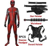 (5pcs, S) Deadpool Costume Cosplay Kids Adult Suit Anime Superhero Cosplay Death Waiter Anime Adult Service Leotard Hats Accessories Anime