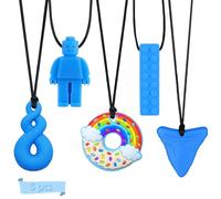 5Pcs Sensory Chew Necklace, Blue Teether Chew Toys for Autistic Children, Anxiety, Biting Needs Silicone Chewy Teether Toy Made of Food Grade Silicone for Kids Teething Oral Motor Chewy